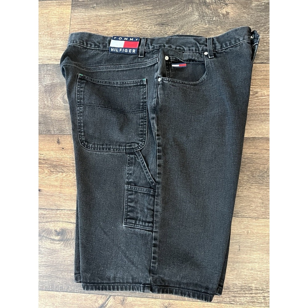 Vtg Tommy Hilfiger Faded Black Denim LOGO Carpenter Baggy Streetwear Shorts YTK